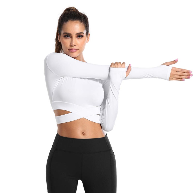 DREAM SLIM Women Long Sleeve Crop Tops Tummy Cross Crewneck Yoga Running Shirts Gym Workout Crop Tops with Thumb Holes (White Long, S) - Image 3